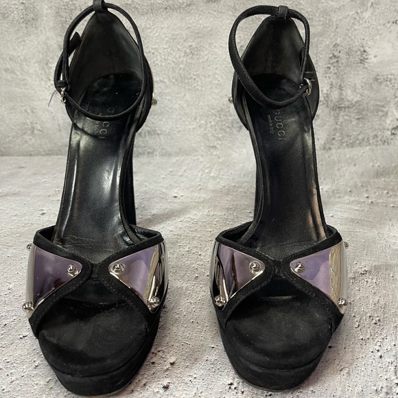 Gucci Mirror Metal Embossed Ankle Strap Heels (6B) - Picture 2 of 9